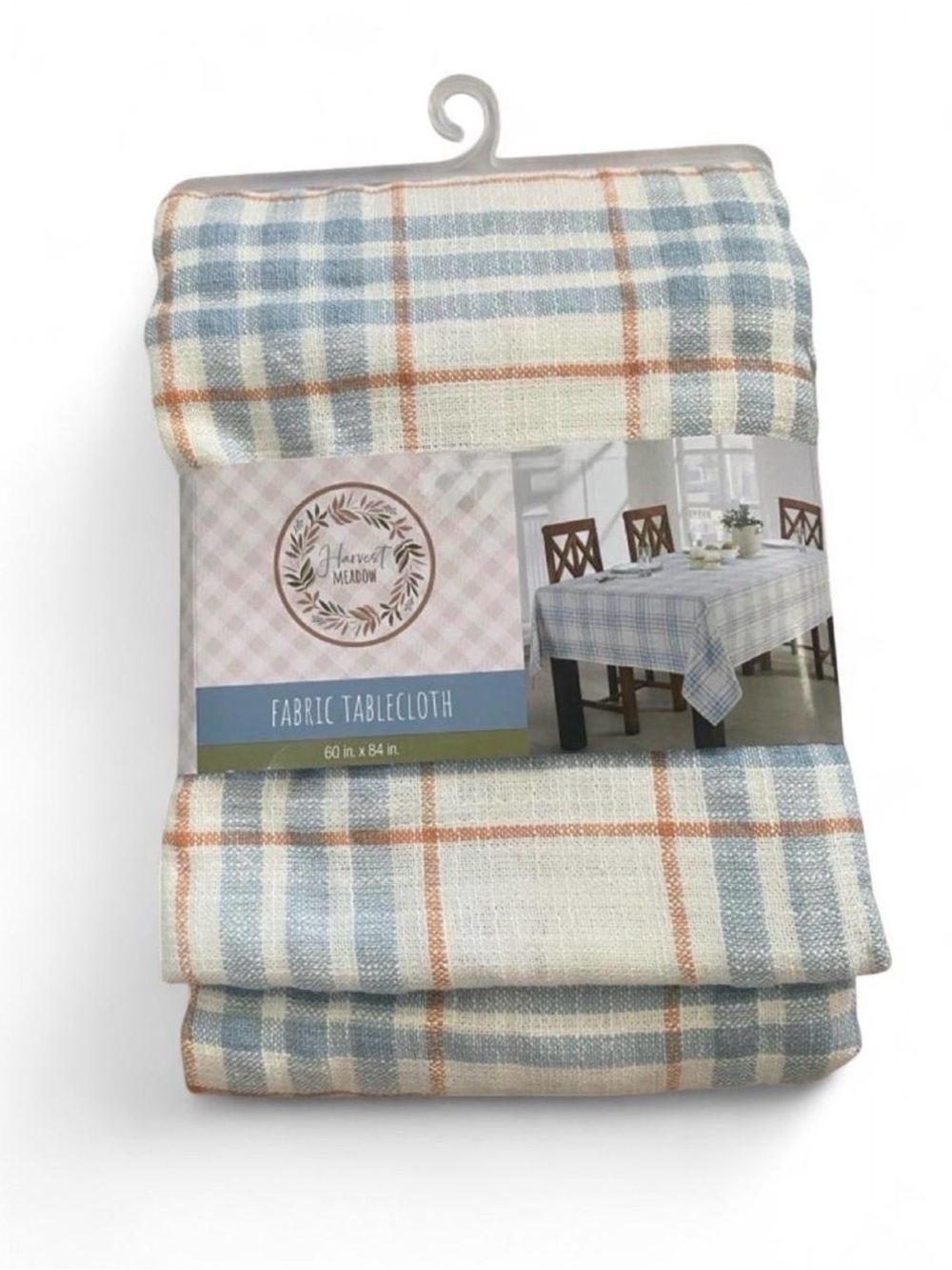 Blue & Tan Plaid Fabric Tablecloth
